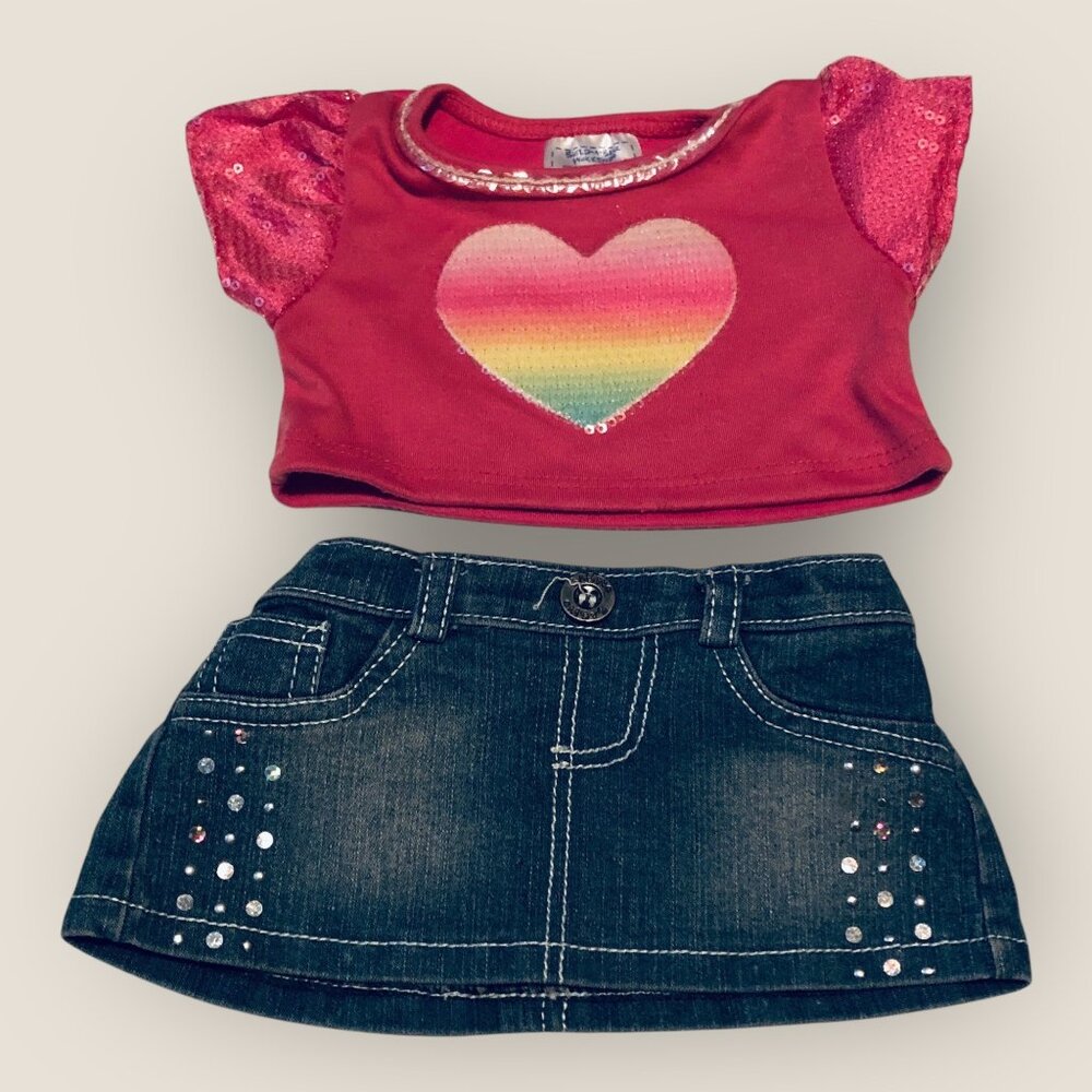 Build-A-Bear Workshop Pink Heart Sequin Sleeve Shirt & Denim Skirt Set BABW